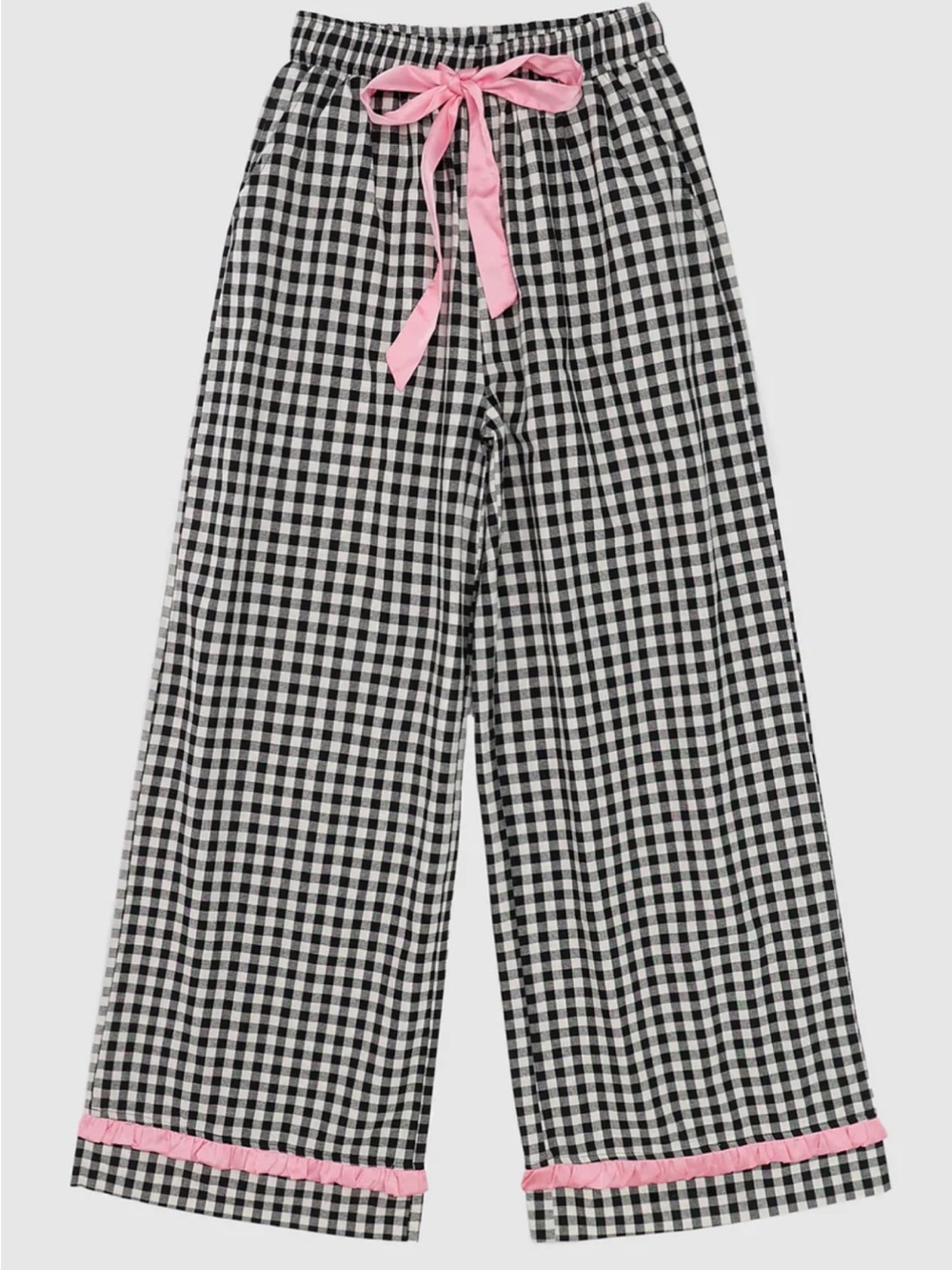 Rareraw Black & White Gingham Pink Satin Ruffle Bow Pants Size Small W/ Pockets